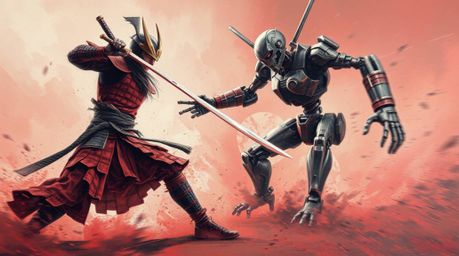 This dynamic infrared oil painting captures a blurred, surreal battle between a samurai and a robot in a dystopian world.  Th