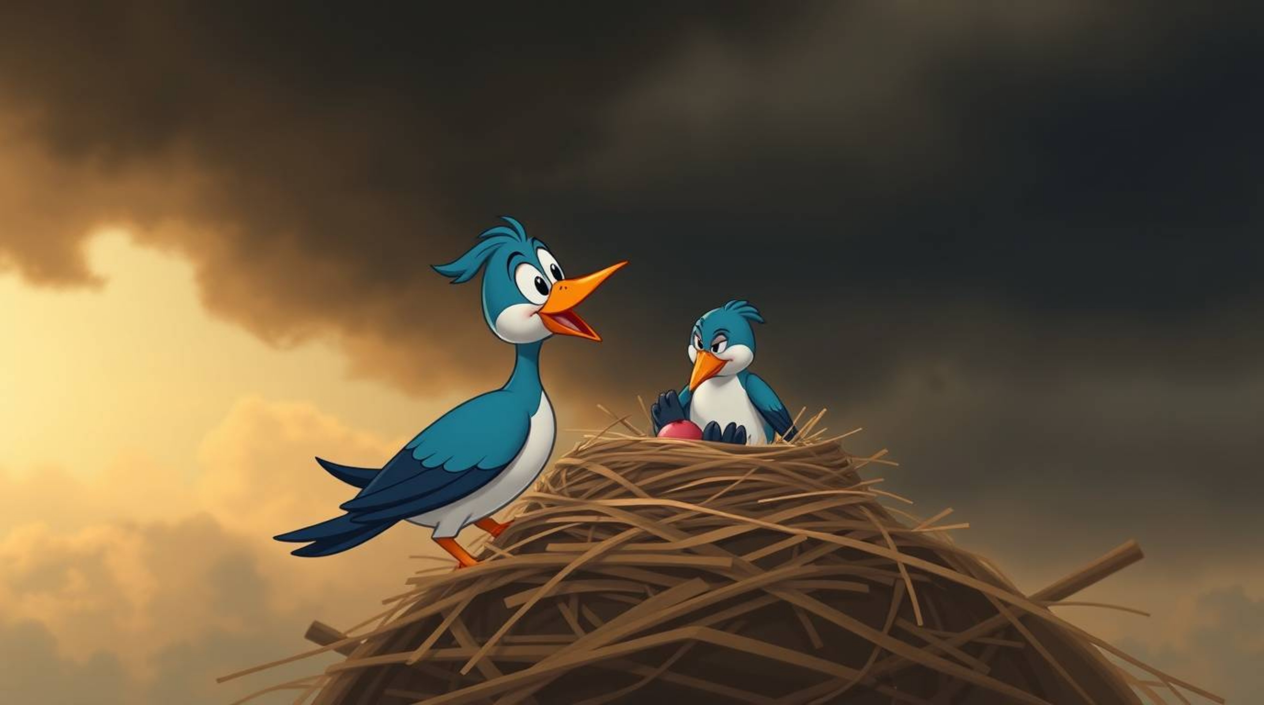 This fine art photography piece depicts two cartoon birds meticulously constructing a nest against a backdrop of stormy skies
