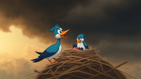 This fine art photography piece depicts two cartoon birds meticulously constructing a nest against a backdrop of stormy skies
