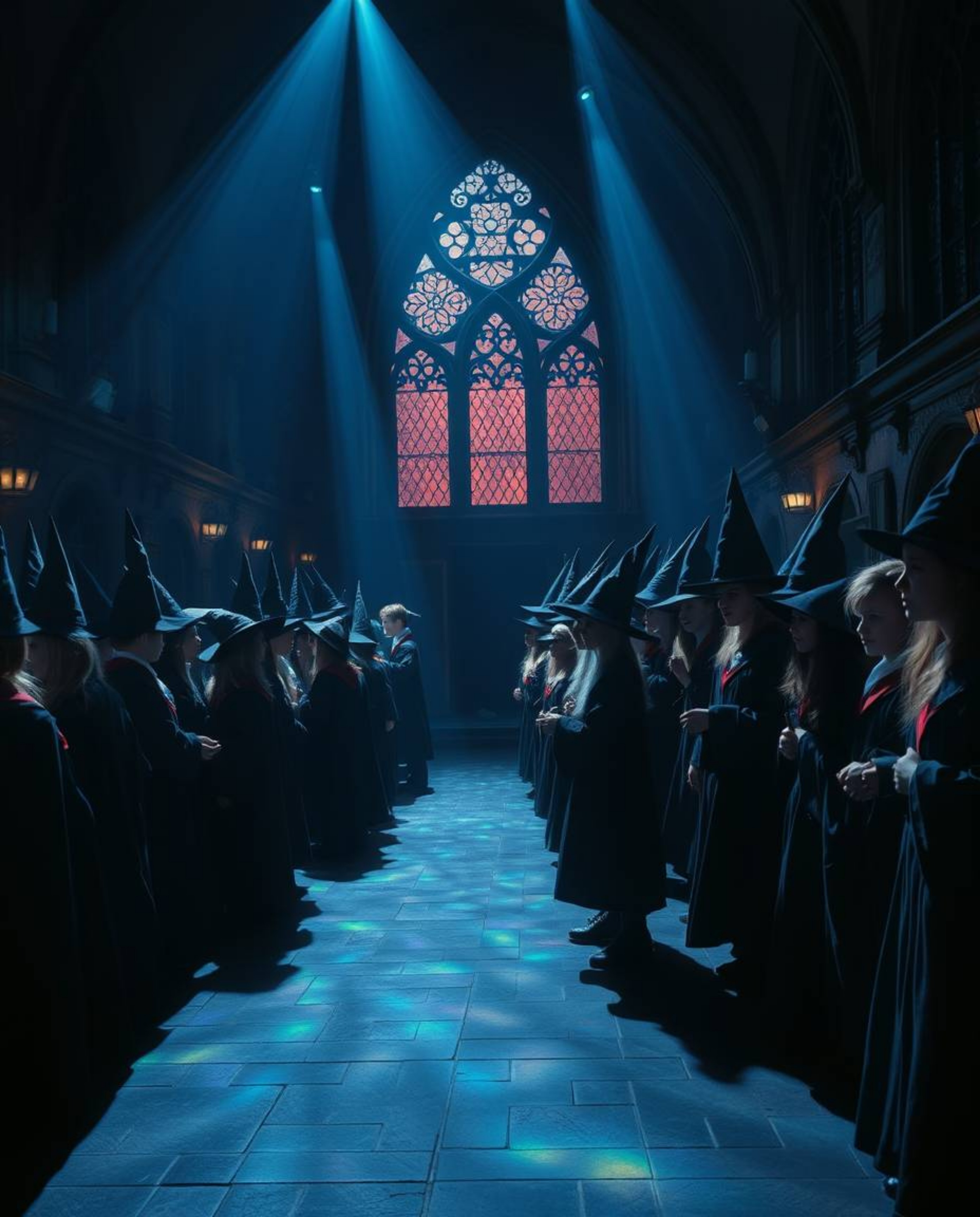 A captivating photograph showcasing a magical school brimming with young wizards, dramatically illuminated using chiaroscuro 