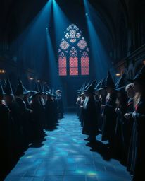 A captivating photograph showcasing a magical school brimming with young wizards, dramatically illuminated using chiaroscuro