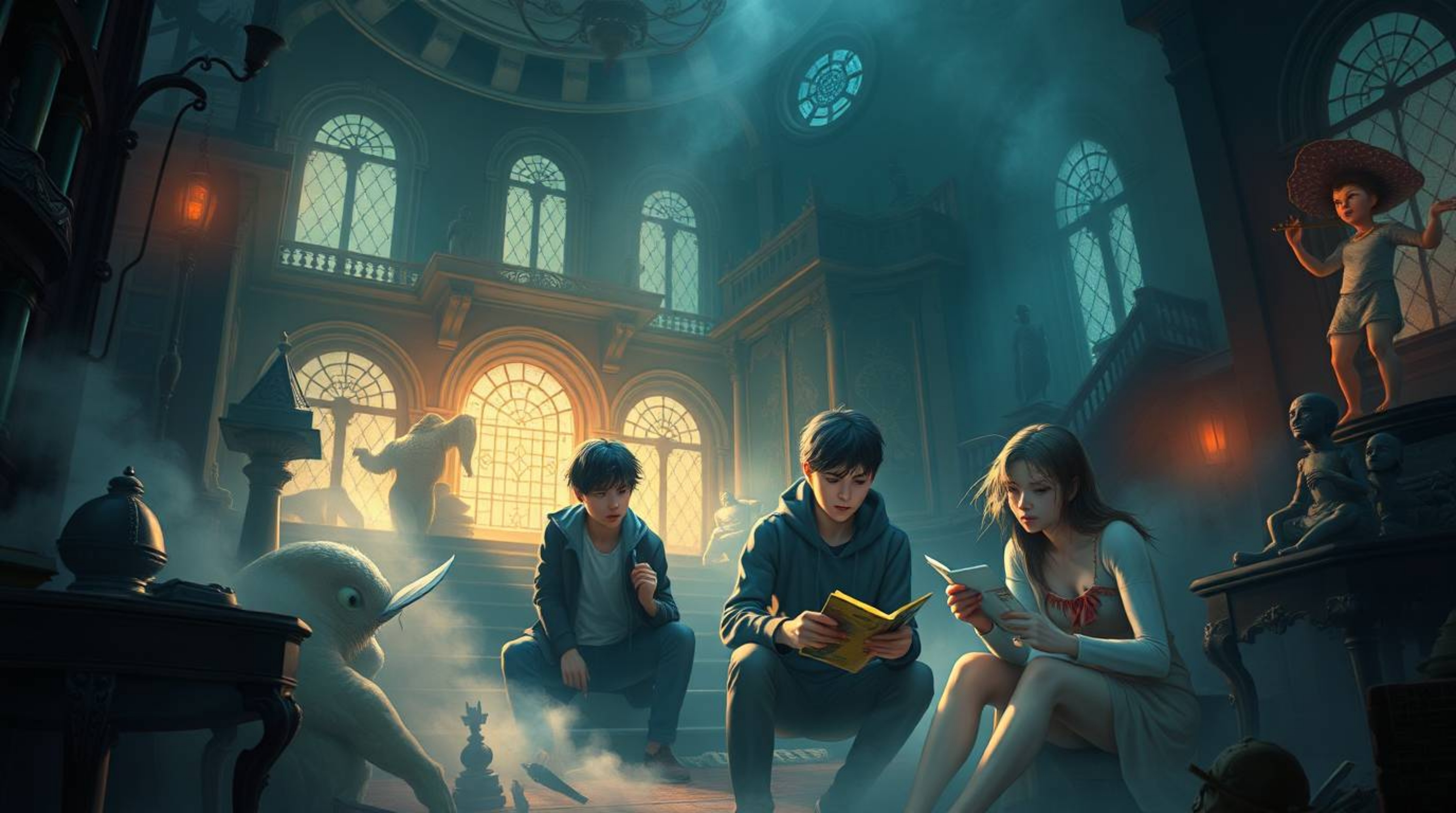 Explore a surreal digital painting depicting teenagers unraveling mysteries within a dreamlike haunted mansion, gently illumi