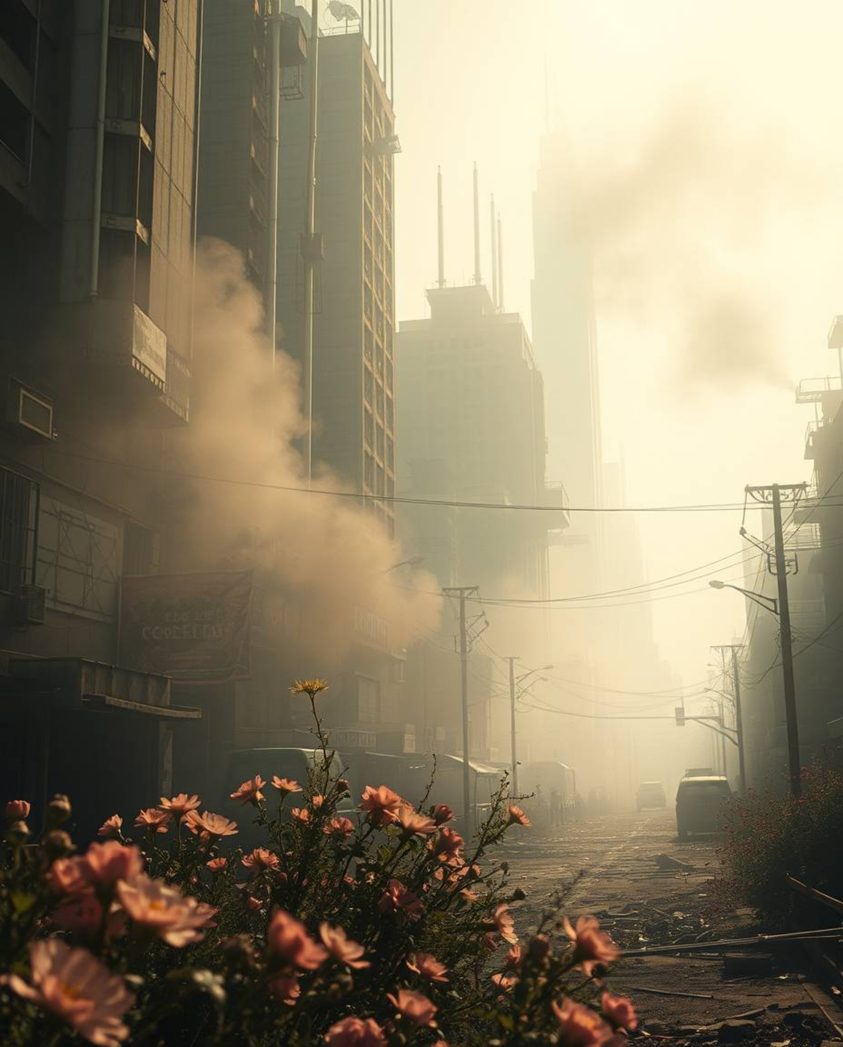 Explore the contrasting visuals of a hazy, post-apocalyptic city brought to life with soft light and dramatic shadows. Imagin