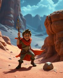 A brave, Disney-style hero embarks on a vibrant desert adventure in this stunning artwork.  Rendered in complementary colors 