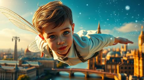 A captivating image of a young boy with refined features soaring gracefully above London, propelled by pixie dust. The scene 