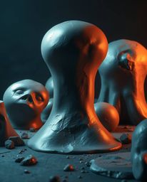 Explore a dark and eerie atmosphere enveloping smooth, 3D metallic shapes with a sculptural clay texture, suspended in the we