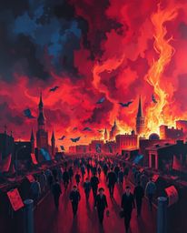 A dramatic acrylic painting featuring a city engulfed in flames, rendered in rich burgundy and deep blue hues.  The chaotic s