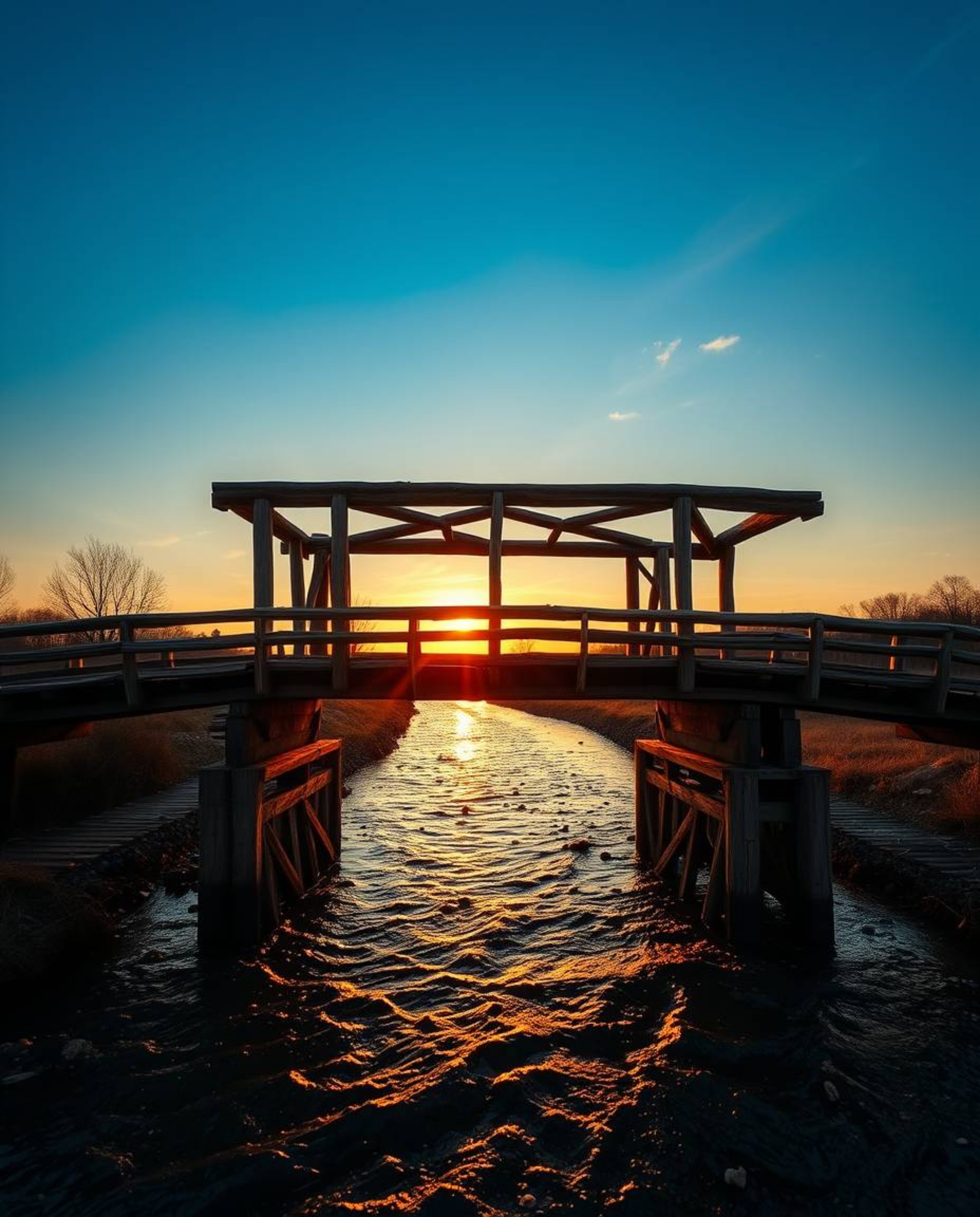 A high-resolution stock photo of an old wooden bridge over a river at sunset. The image is glowing warmly, creating a radiant