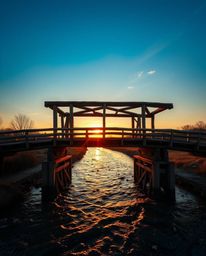 A high-resolution stock photo of an old wooden bridge over a river at sunset. The image is glowing warmly, creating a radiant