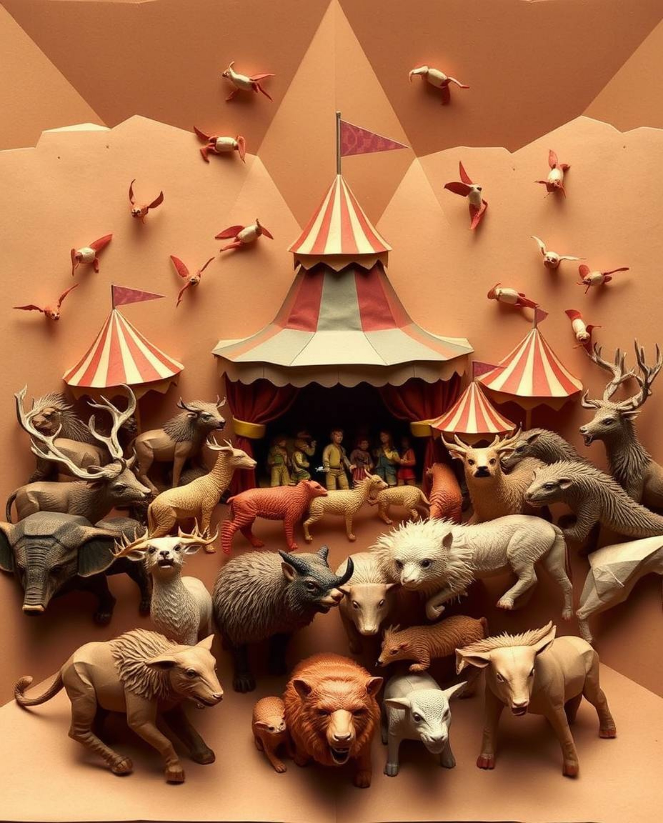 Experience a captivating carnival scene overrun by wild animals in this intricate origami-style illustration. The artwork boa
