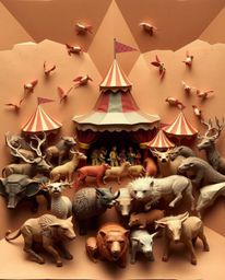 Experience a captivating carnival scene overrun by wild animals in this intricate origami-style illustration. The artwork boa