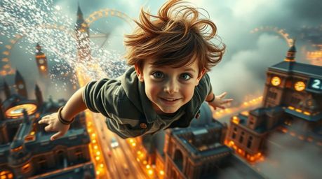 A young boy with windswept brown hair and bright eyes soars above a detailed London cityscape, leaving a trail of shimmering 