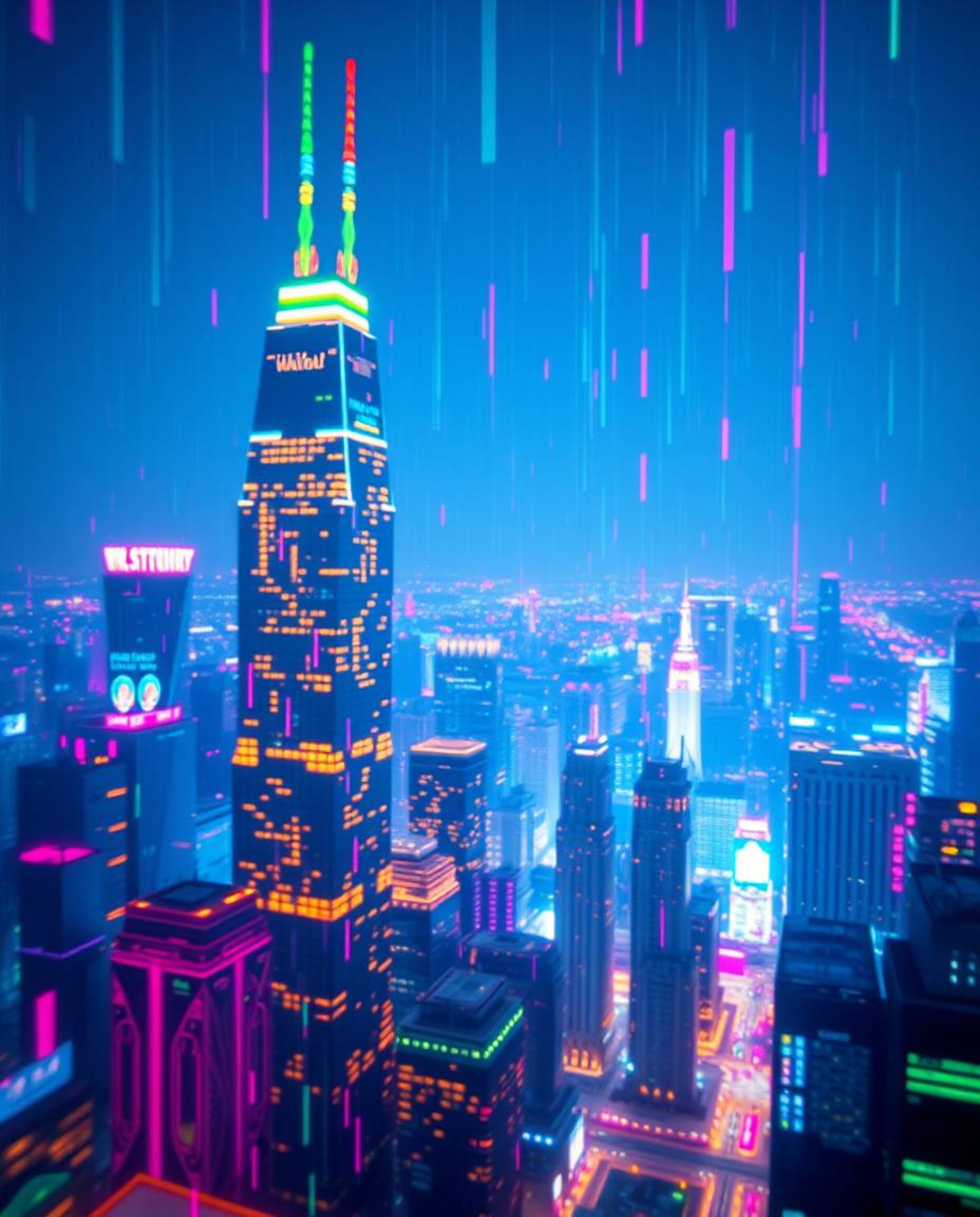 A close-up shot of a glitchy digital landscape showcasing distorted skyscrapers and static noise, rendered with detailed focu
