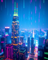 A close-up shot of a glitchy digital landscape showcasing distorted skyscrapers and static noise, rendered with detailed focu