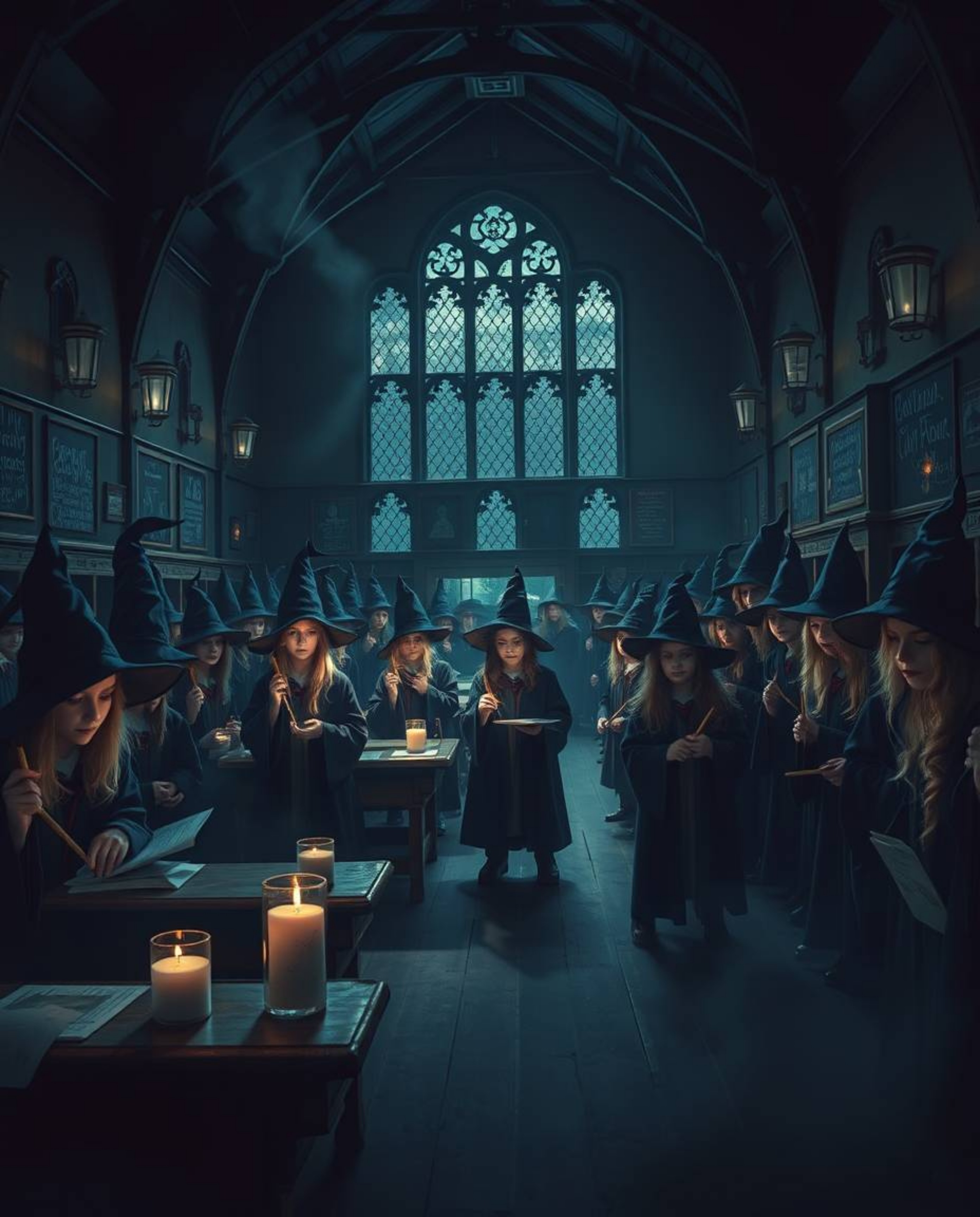 A high-resolution stock photo depicting a magical school brimming with young wizards. The image evokes an eerie, creepy atmos