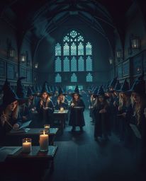 A high-resolution stock photo depicting a magical school brimming with young wizards. The image evokes an eerie, creepy atmos