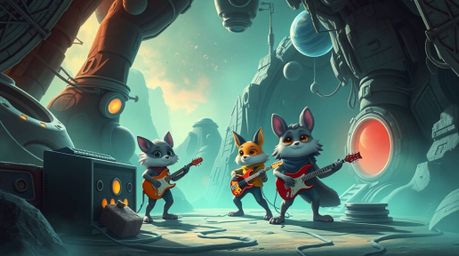 Imagine a band of cartoon animals rocking out in a futuristic, sci-fi setting, perhaps amidst the vast expanse of space. The 