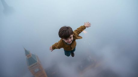 A captivating image depicts a small boy magically soaring above a foggy London cityscape, sprinkled with pixie dust.  The hig