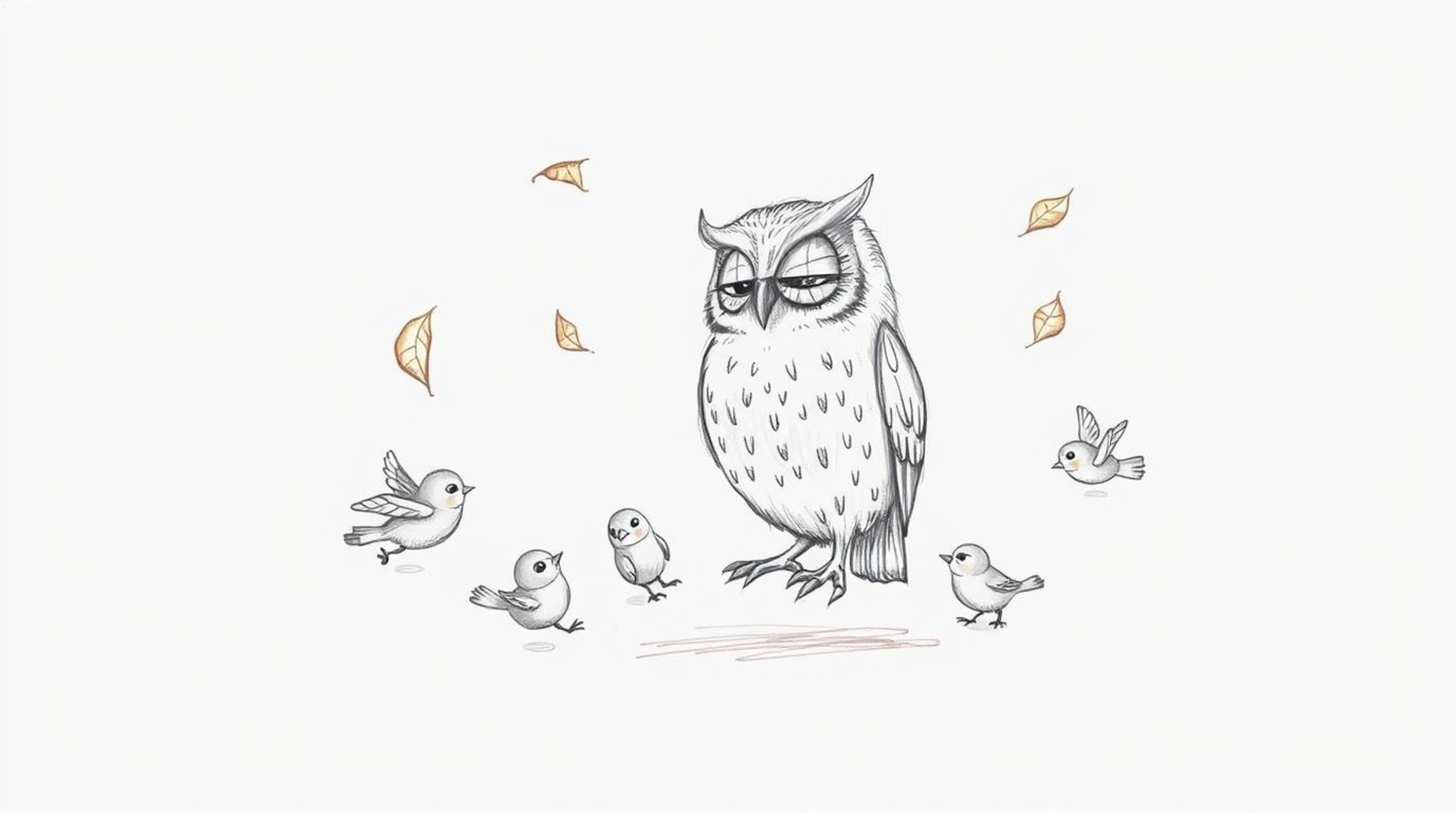 A serene, hand-drawn sketch depicts a blind owl with feathers gently ruffled, embodying a Pixar-like aesthetic. The owl is gr