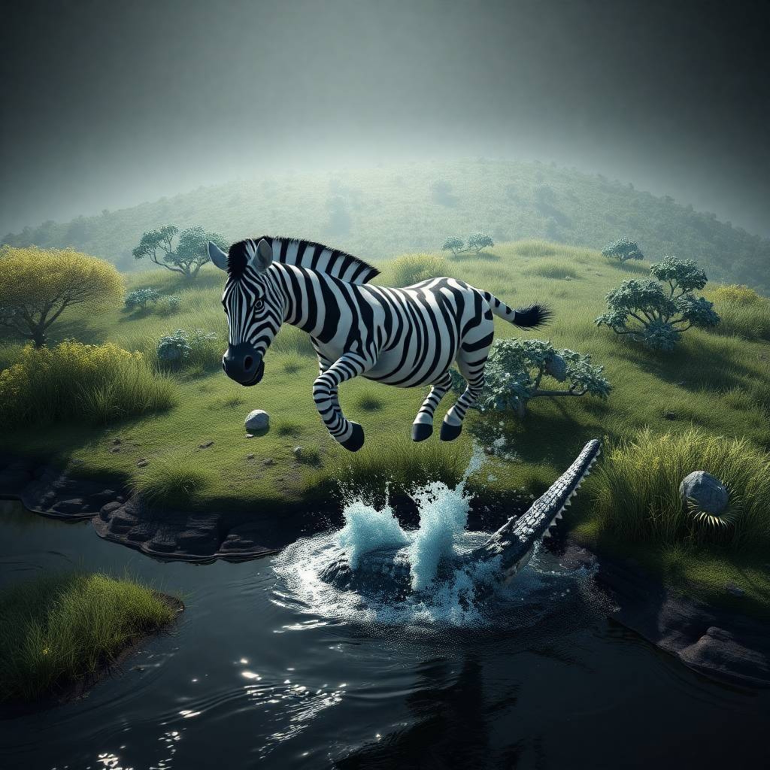 An overhead shot showcases a futuristic sci-fi style defined by high contrast, low-key lighting. A 3D cartoon zebra, looking 