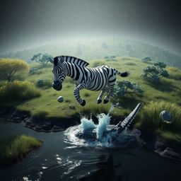 An overhead shot showcases a futuristic sci-fi style defined by high contrast, low-key lighting. A 3D cartoon zebra, looking 