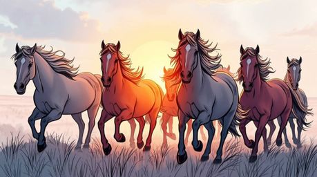 A captivating sketchnote depicts a herd of wild horses galloping under a vibrant, glowing sky.  The ethereal style evokes a s