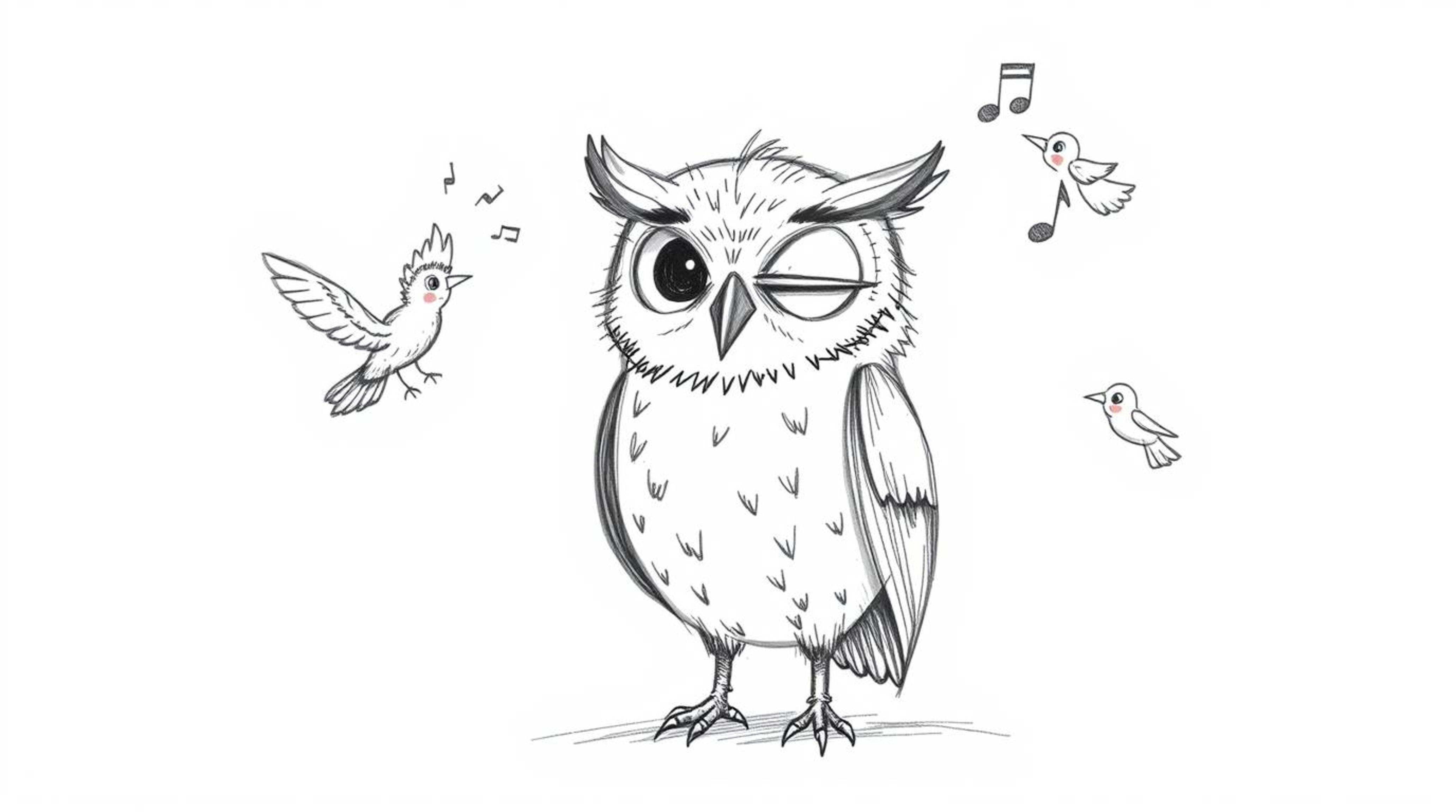 Explore a heartwarming hand-drawn sketch in a Pixar style depicting a kind, blind owl with expressive features. This unique i