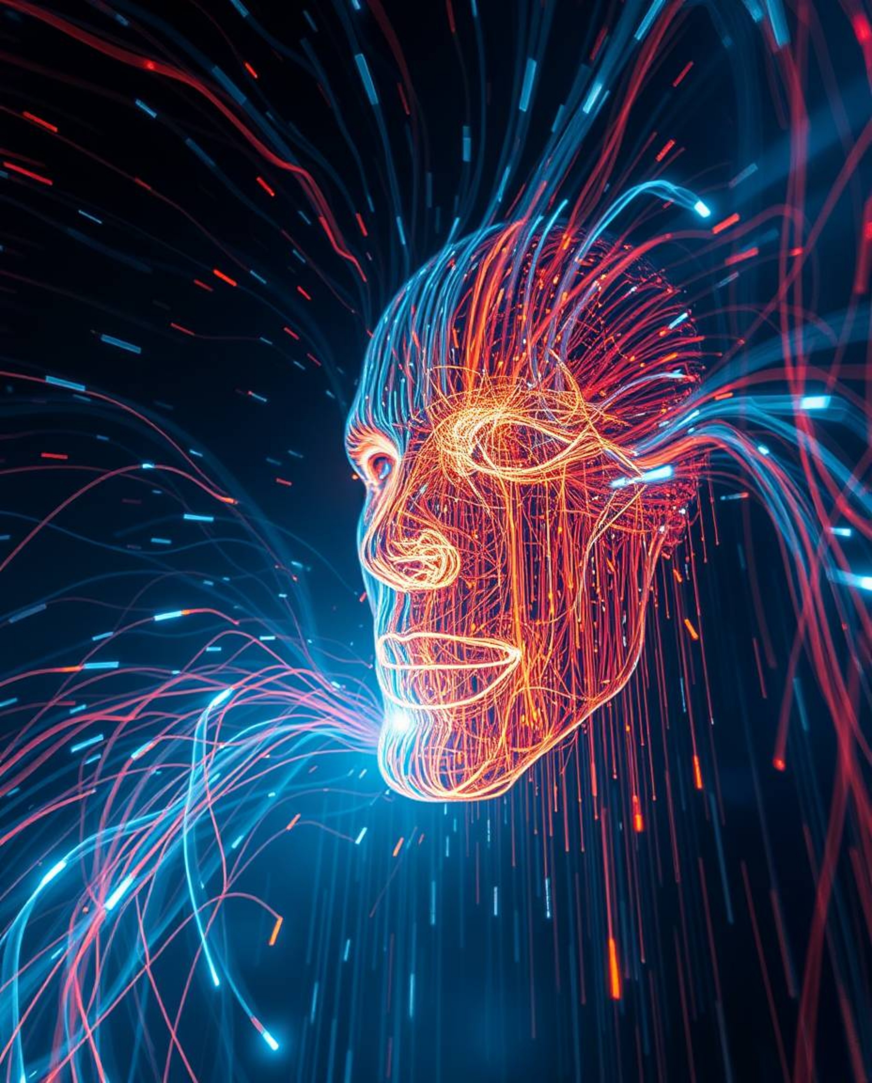 A captivating long exposure photograph showcases the artistic transformation of a human face into a vibrant data stream, a me