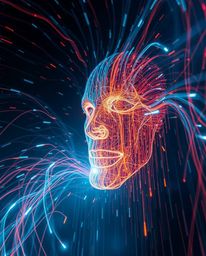 A captivating long exposure photograph showcases the artistic transformation of a human face into a vibrant data stream, a me