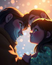 Experience a heartwarming family reunion in stunning Pixar style. This illustration features glowing bioluminescent and iride