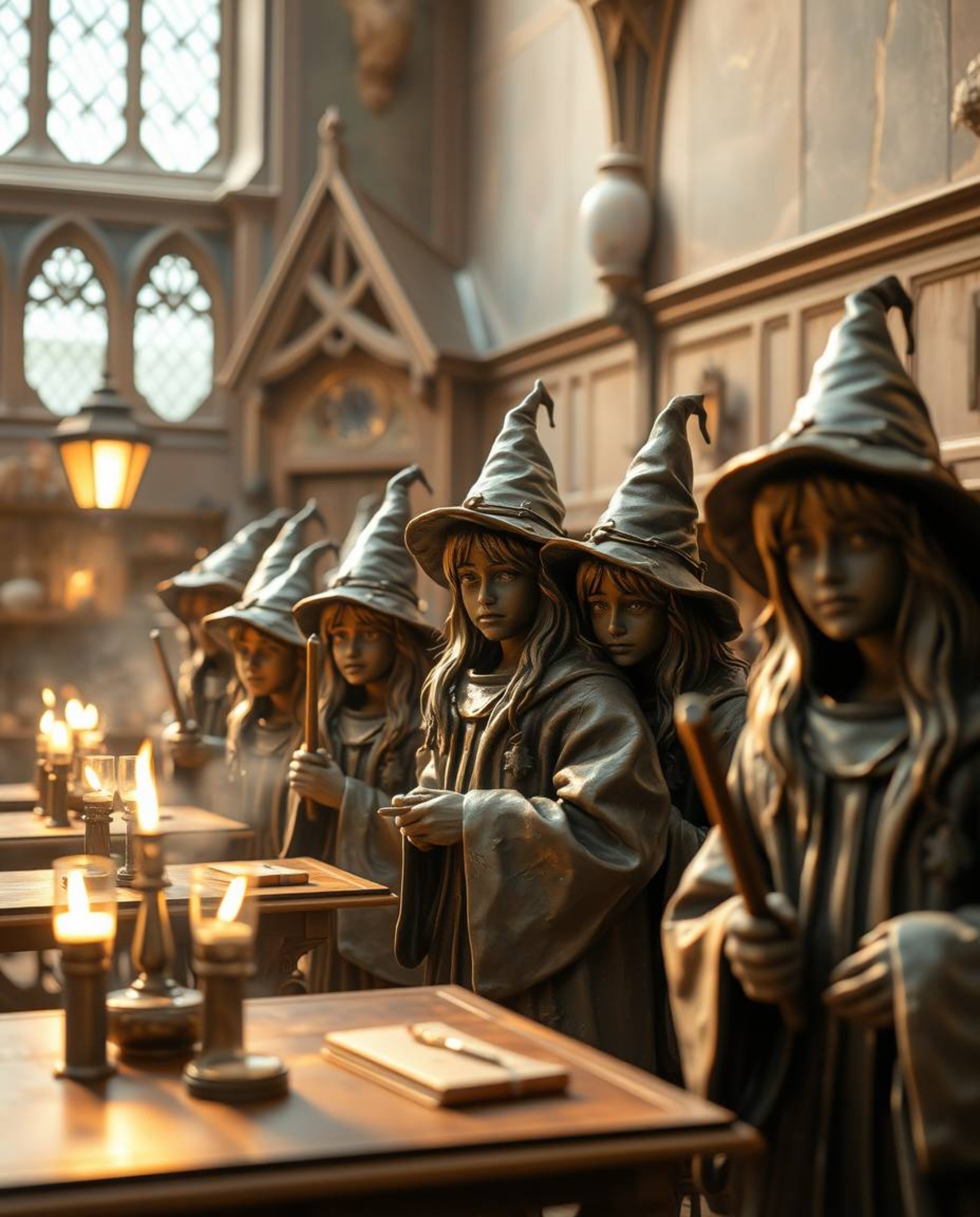 A magical school teeming with young wizards is brought to life in cast bronze, creating a soft and dreamy atmosphere.  The im