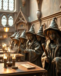 A magical school teeming with young wizards is brought to life in cast bronze, creating a soft and dreamy atmosphere.  The im