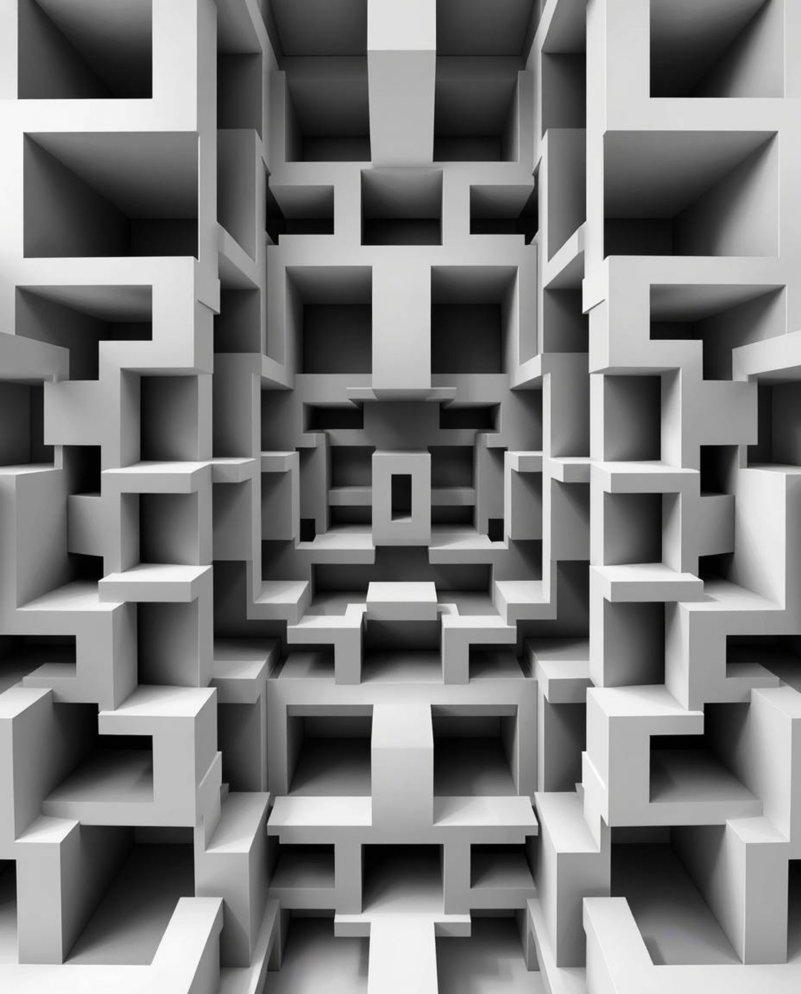 A classic black and white high-resolution stock photo featuring a repetitive cube pattern in an Escher-style impossible geome