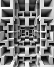 A classic black and white high-resolution stock photo featuring a repetitive cube pattern in an Escher-style impossible geome