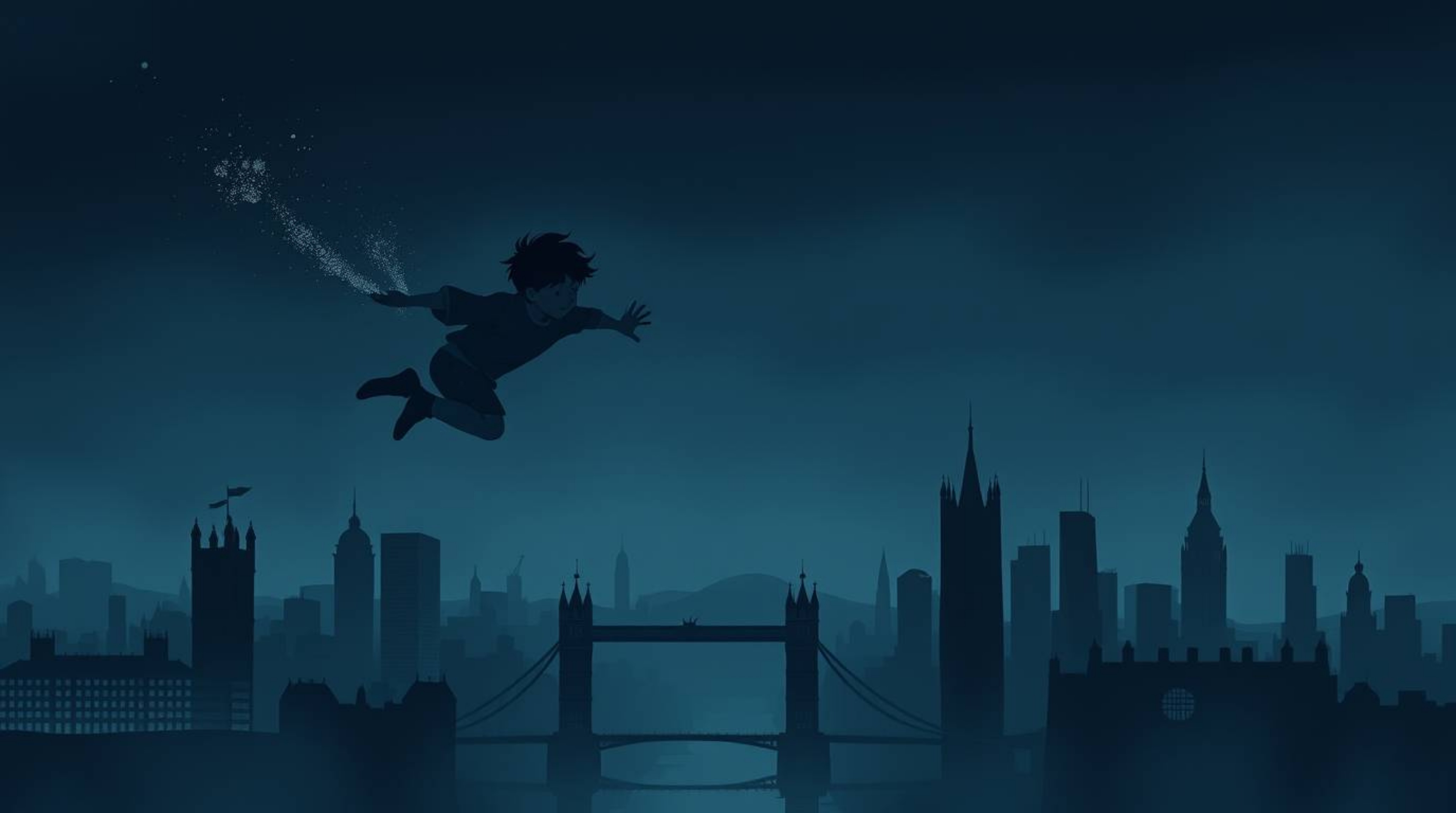 A captivating illustration depicts a young boy with dark hair, soaring above a silhouetted London skyline, propelled by dark 