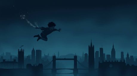 A captivating illustration depicts a young boy with dark hair, soaring above a silhouetted London skyline, propelled by dark