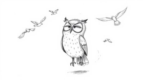 A heartwarming hand-drawn sketch in the style of Pixar depicts a blind owl with expressive features patiently teaching birds 