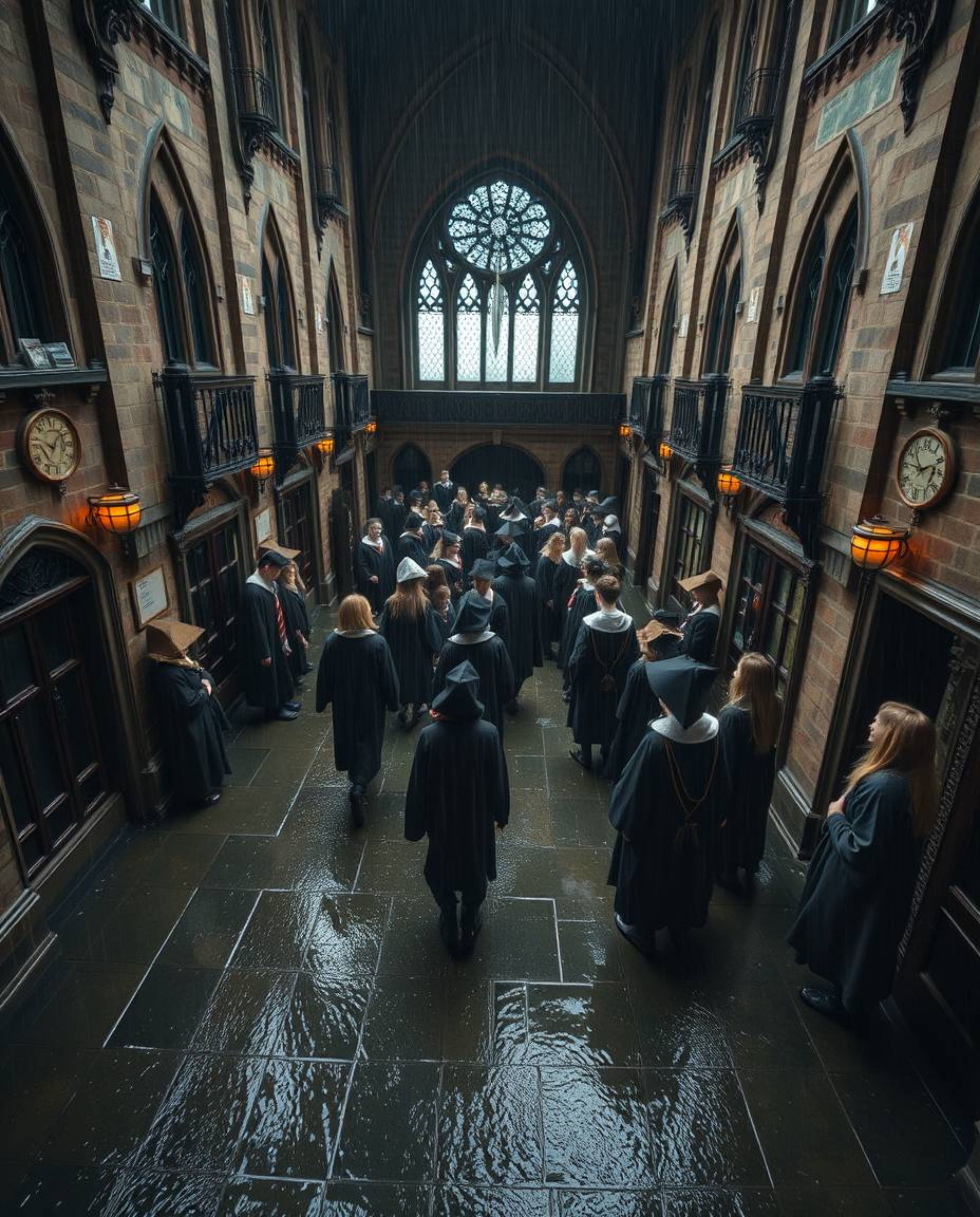 Experience the enchantment of a magical school teeming with young wizards on a wet, rainy day. This high-angle perspective ca