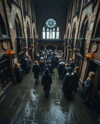 Experience the enchantment of a magical school teeming with young wizards on a wet, rainy day. This high-angle perspective ca