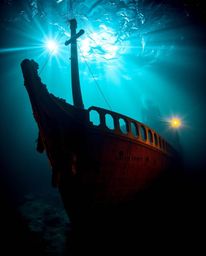 Discover a breathtaking underwater shipwreck scene bathed in rich teal light.  Bright lens flares and vibrant colors create a