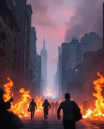 A captivating scene unfolds, showcasing a city engulfed in flames illuminated by soft pastel colors. People are running in al