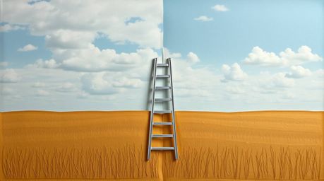 Explore this layered papier-mâché artwork, a minimalist scene depicting a silver ladder standing in an open field under a wid