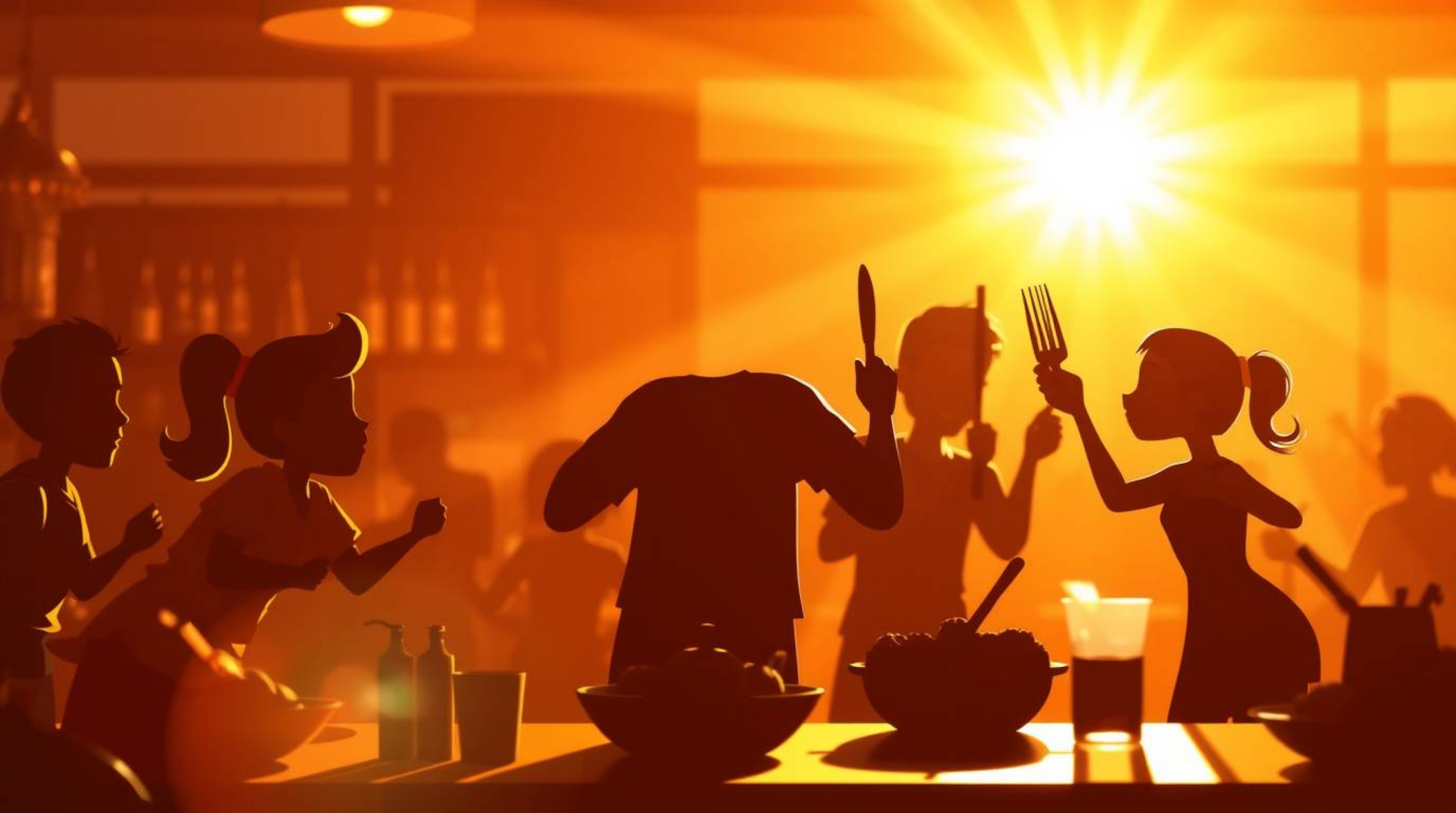 A vibrant and chaotic cartoon cafeteria food fight, silhouetted against a warm, golden glow.  The backlighting creates a radi