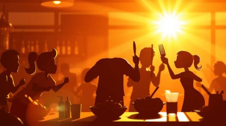 A vibrant and chaotic cartoon cafeteria food fight, silhouetted against a warm, golden glow.  The backlighting creates a radi
