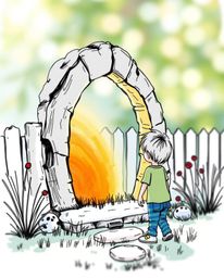 A captivating hand-drawn sketchnote depicts a child's wondrous discovery of a magical portal nestled in their backyard. The i