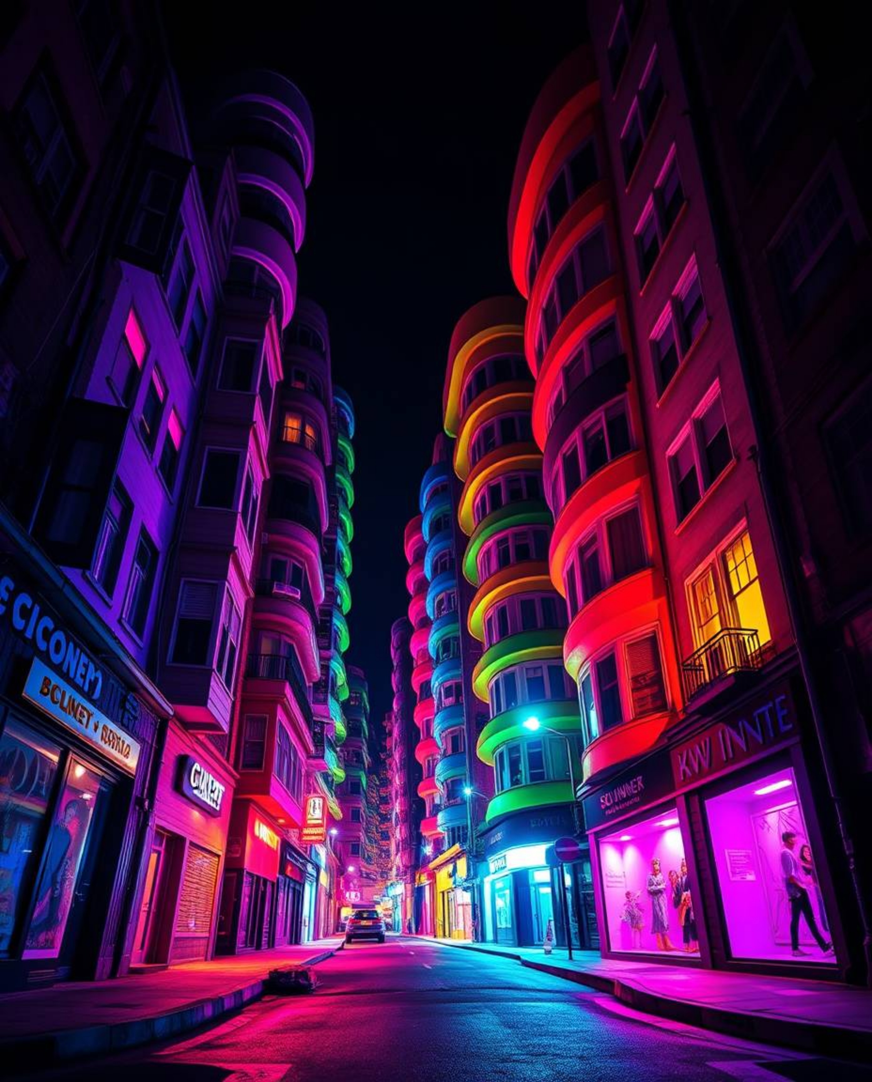 A captivating surreal street scene featuring intensely dramatic lighting and vivid colors.  Buildings twist and fold in a hig
