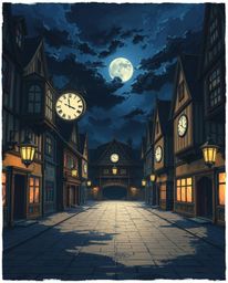 An Isekai anime-style illustration depicting an unsettlingly empty town square with the ominous sound of ticking clocks domin