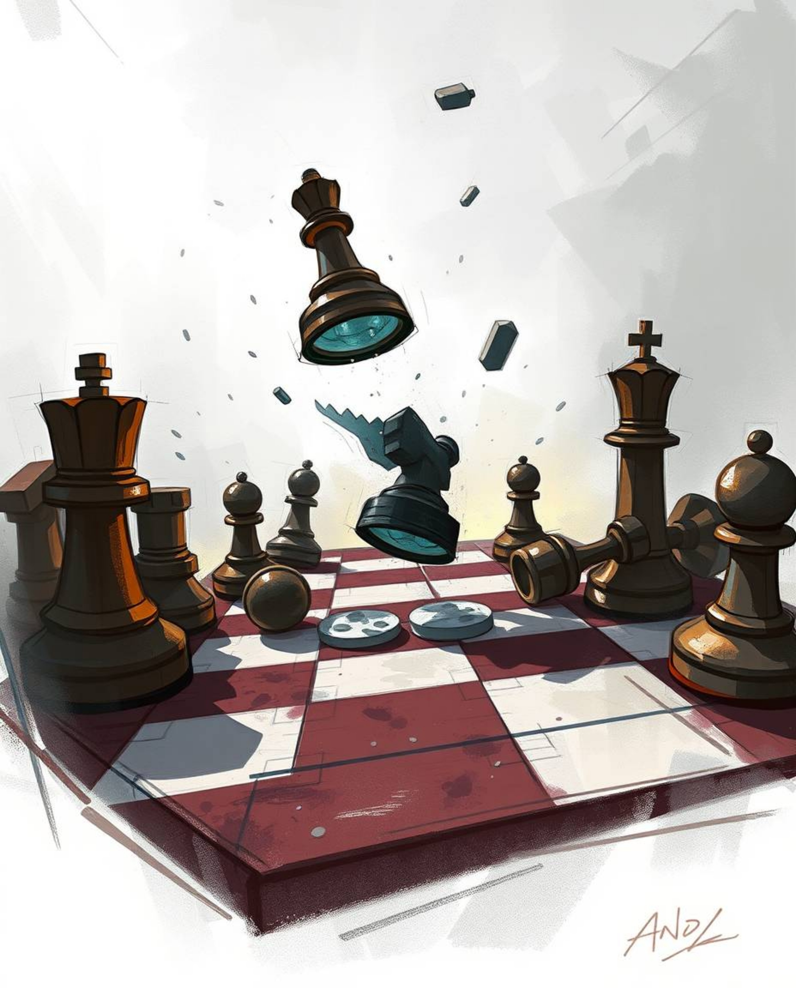 A dynamic digital sketch of a chessboard frozen mid-air in destruction, rendered with loose painterly strokes and rich textur