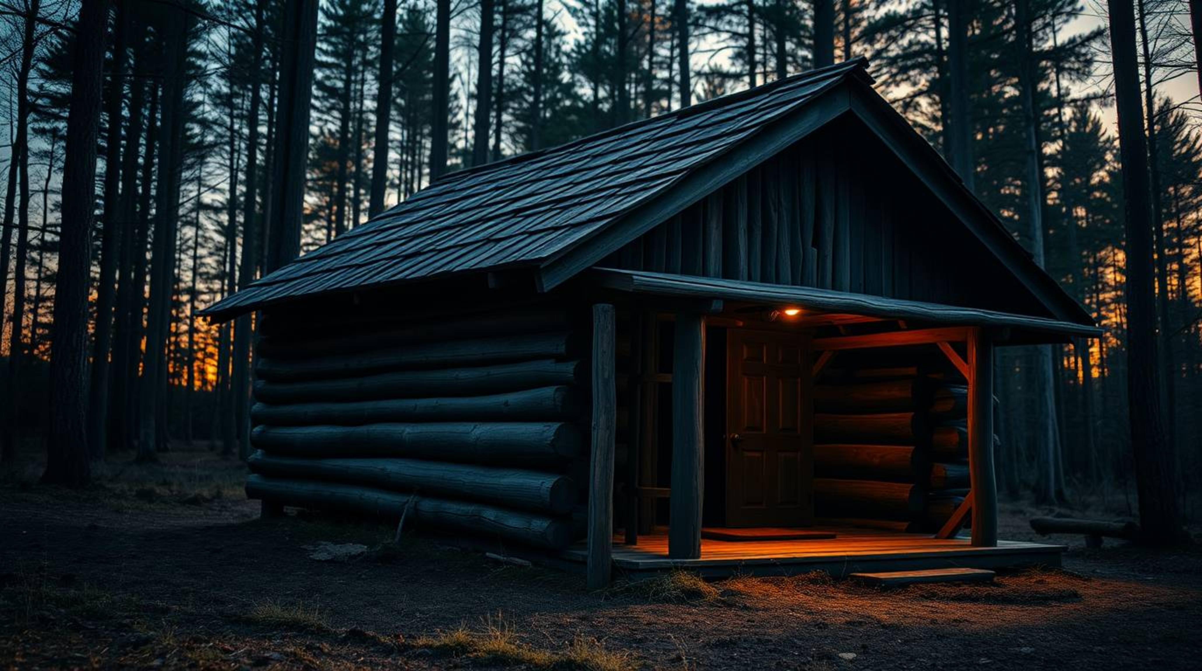 A captivating extreme macro close-up photograph capturing the intricate details of an old wooden cabin nestled within a sunse