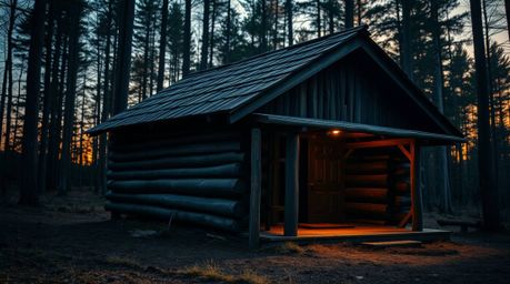 A captivating extreme macro close-up photograph capturing the intricate details of an old wooden cabin nestled within a sunse